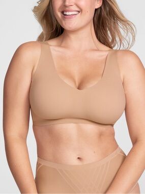 Honeylove V-Neck Wireless Smoothing Soft Supportive Nude Bra in Sand Sz M